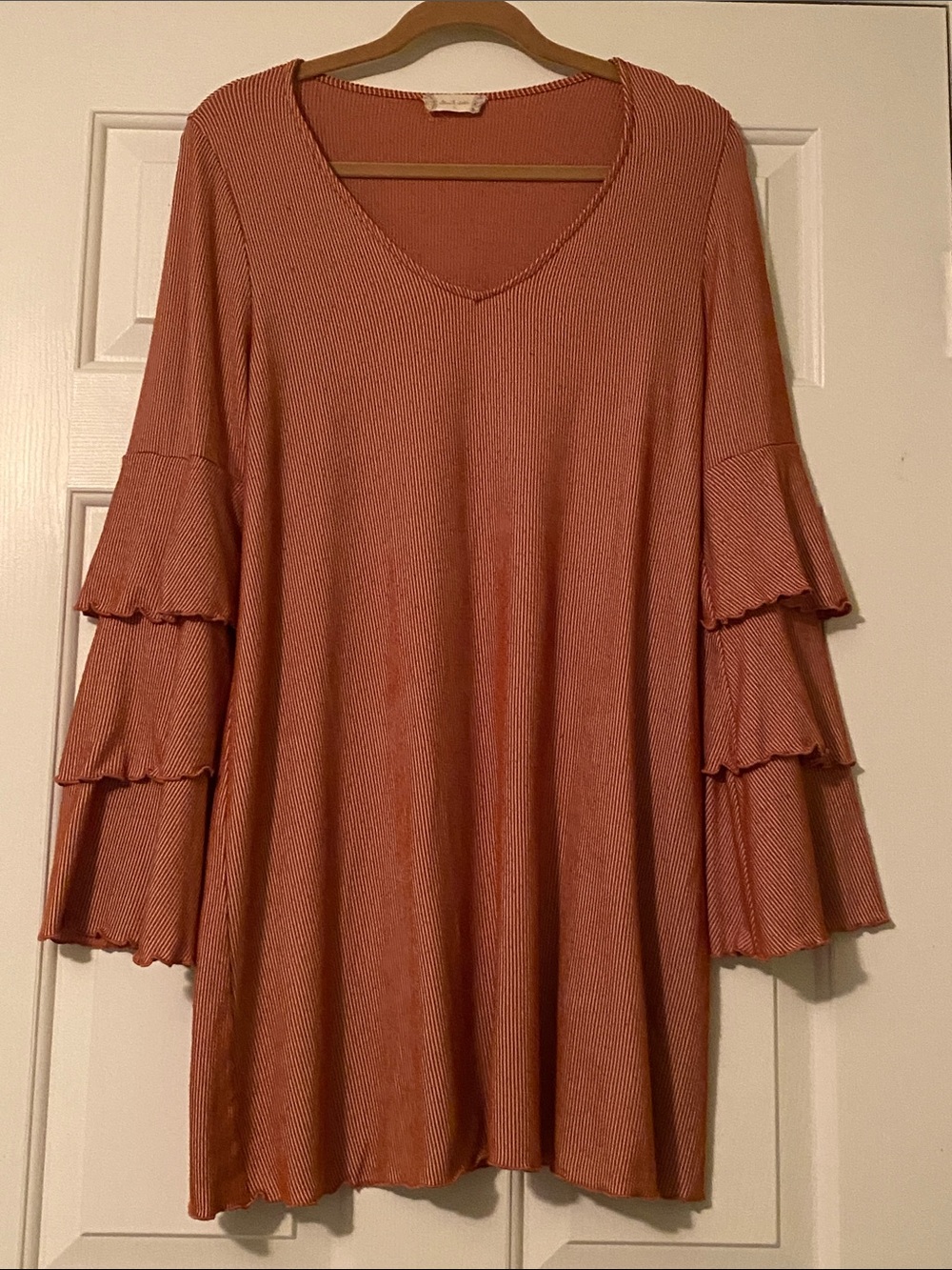Ribbed V-Neck Ruffle Long Sleeve Dress in Rust - Small